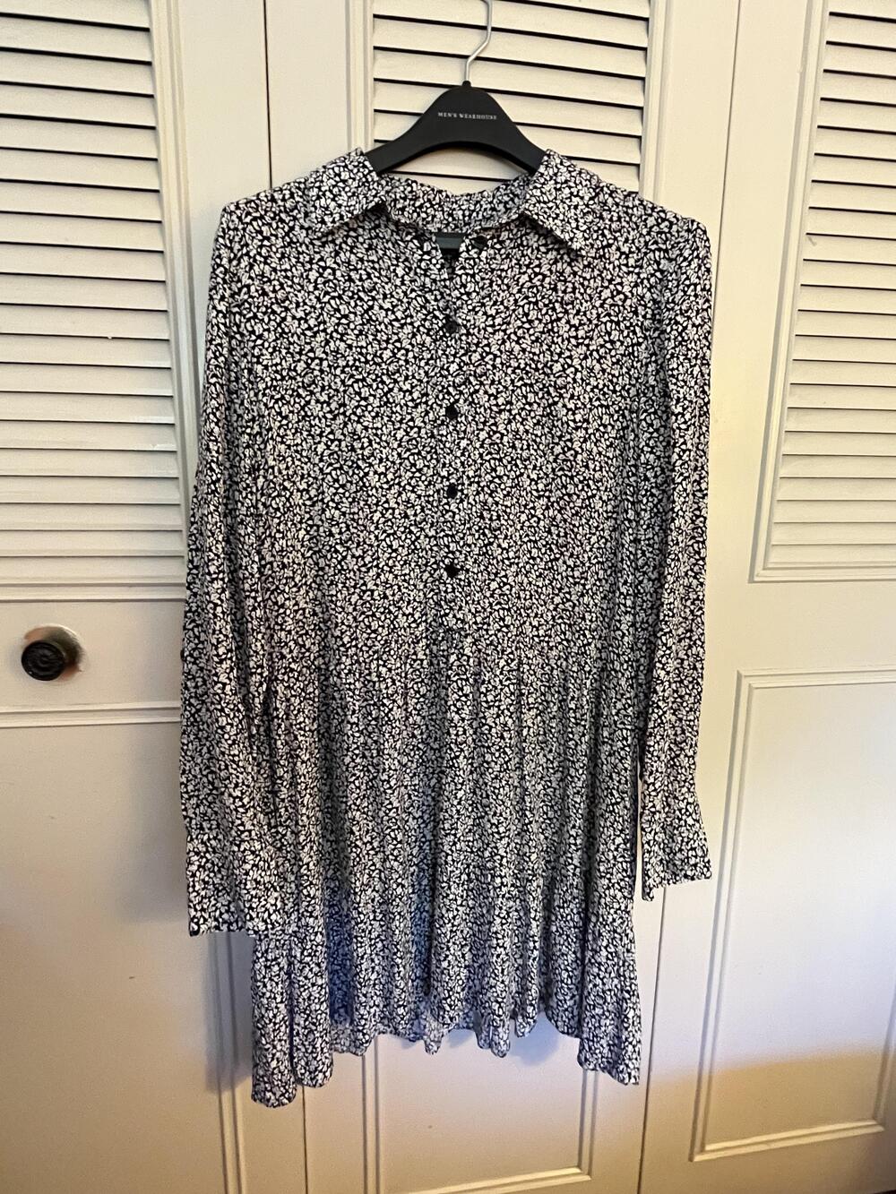 Madewell Shirt Dress Womens M Black Ditsy Floral Button Collared Long Sleeve